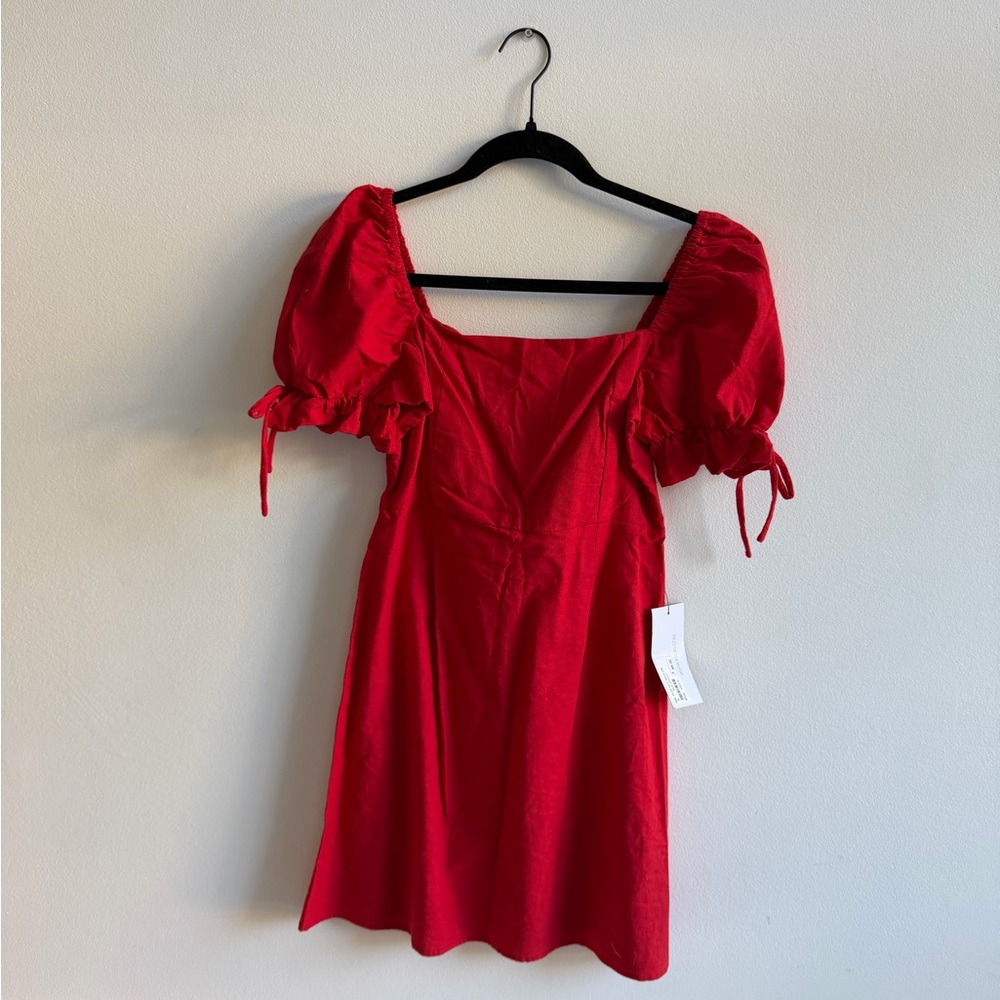 Keliki Hawaii Boutique Red Puff Sleeve Mini Dress - 100% Linen